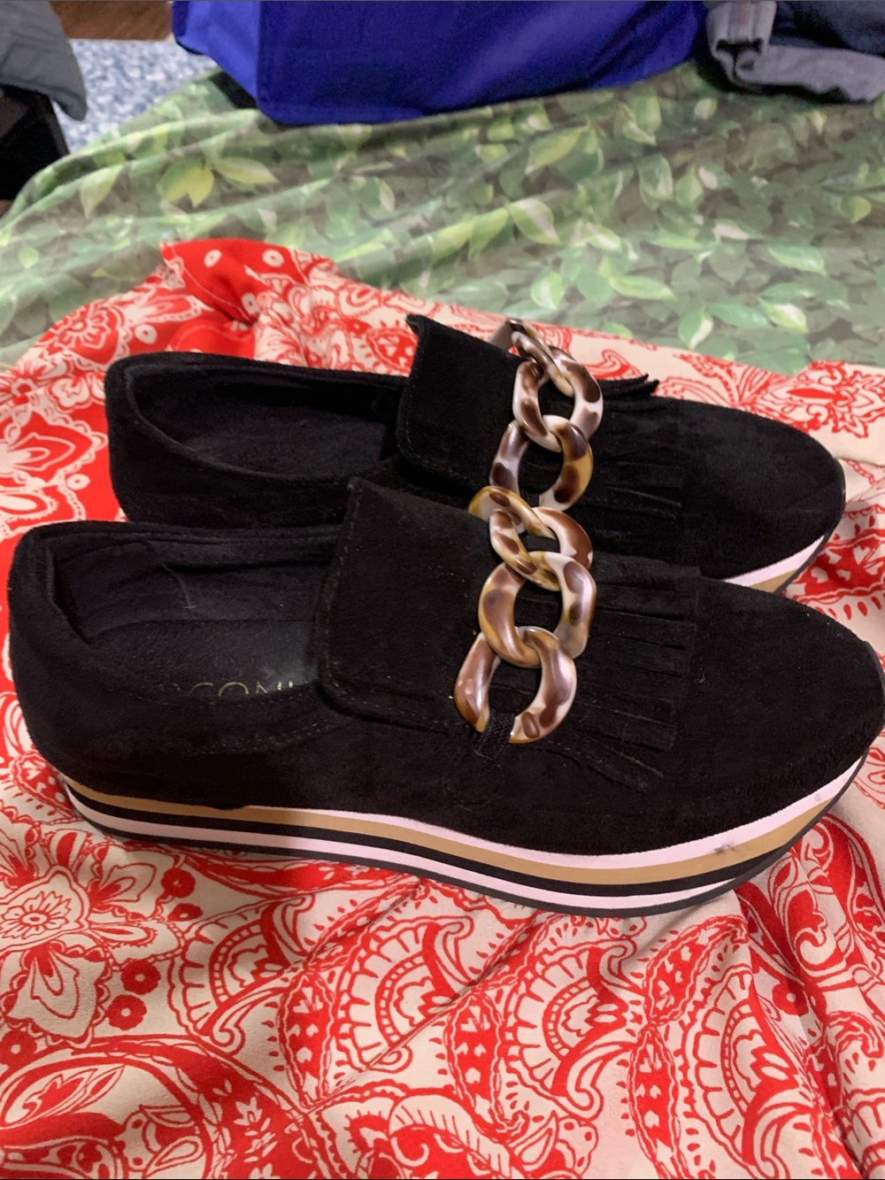 Coconuts by Matisse Black Suede Platform Loafers with Tortoiseshell Chain